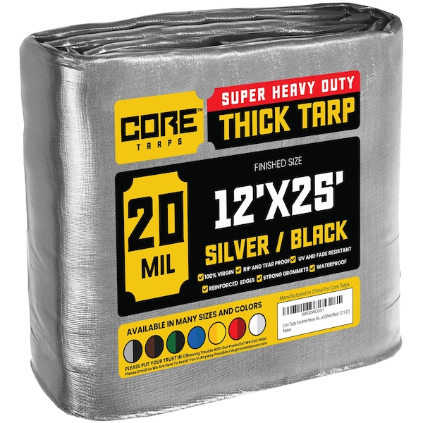 Core Tarps 25 ft L x 0.5 mm H x 12 ft W Heavy Duty 20 Mil Tarp, Silver/Black, Polyethylene, 12 CT-701-12X25